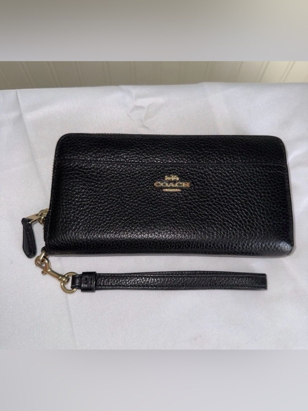 Coach Black Pebbled Leather Zip Wristlet with Gold Logo